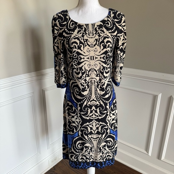 White House Black Market Black Cream Sheath Dress 3/4 Sleeve Size small - Picture 1 of 8